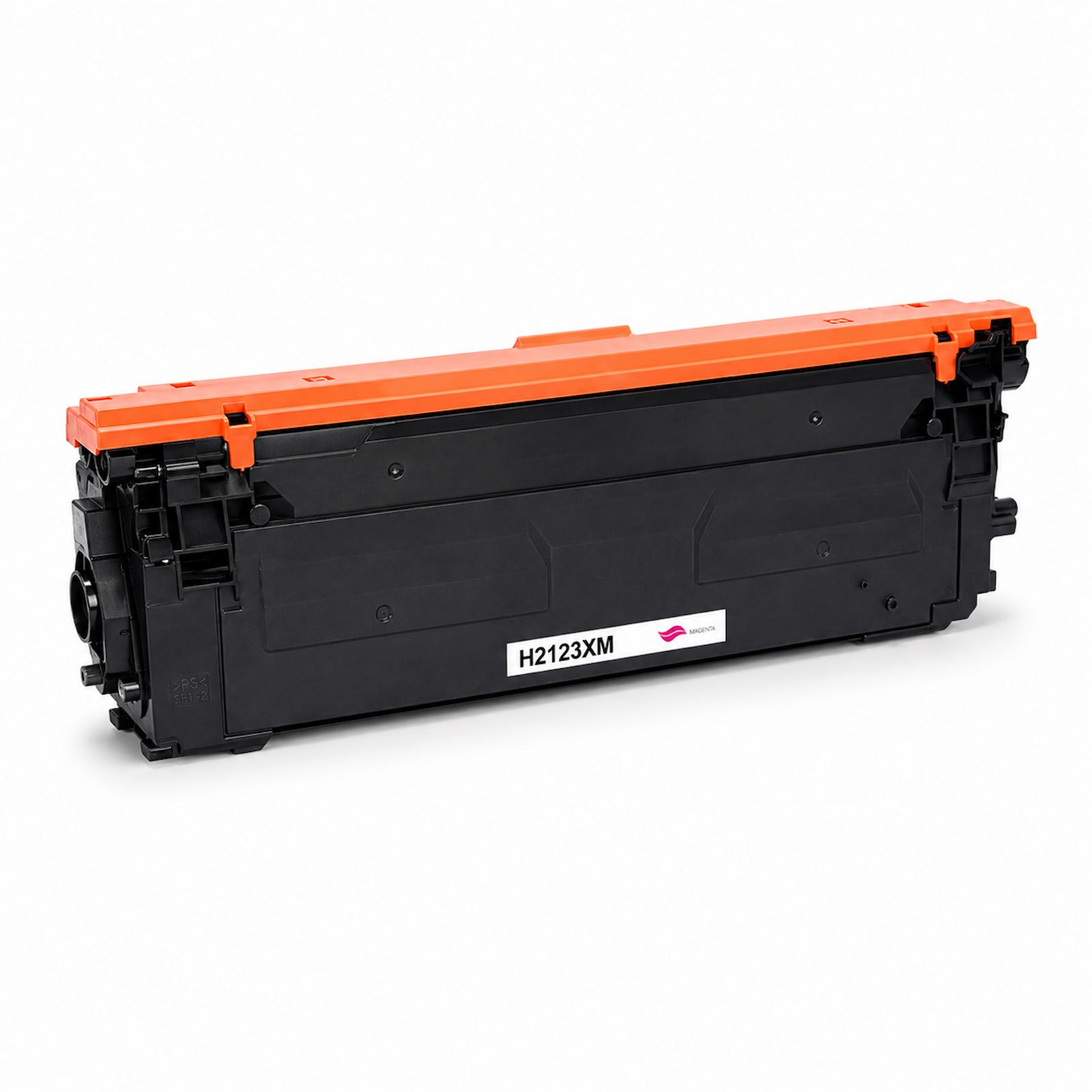 Schwarzer Tonerpatrone mit orangem Oberteil und Beschriftung H2123XM Magenta.