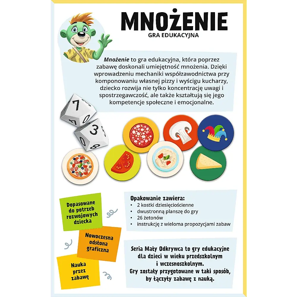 Zielona postać obok kostek i żetonów z jedzeniem oraz kapeluszem błazna.