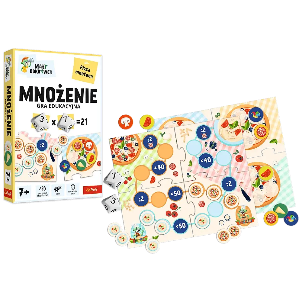 Edukacyjna gra o pizzy z kostkami do ćwiczenia mnożenia.