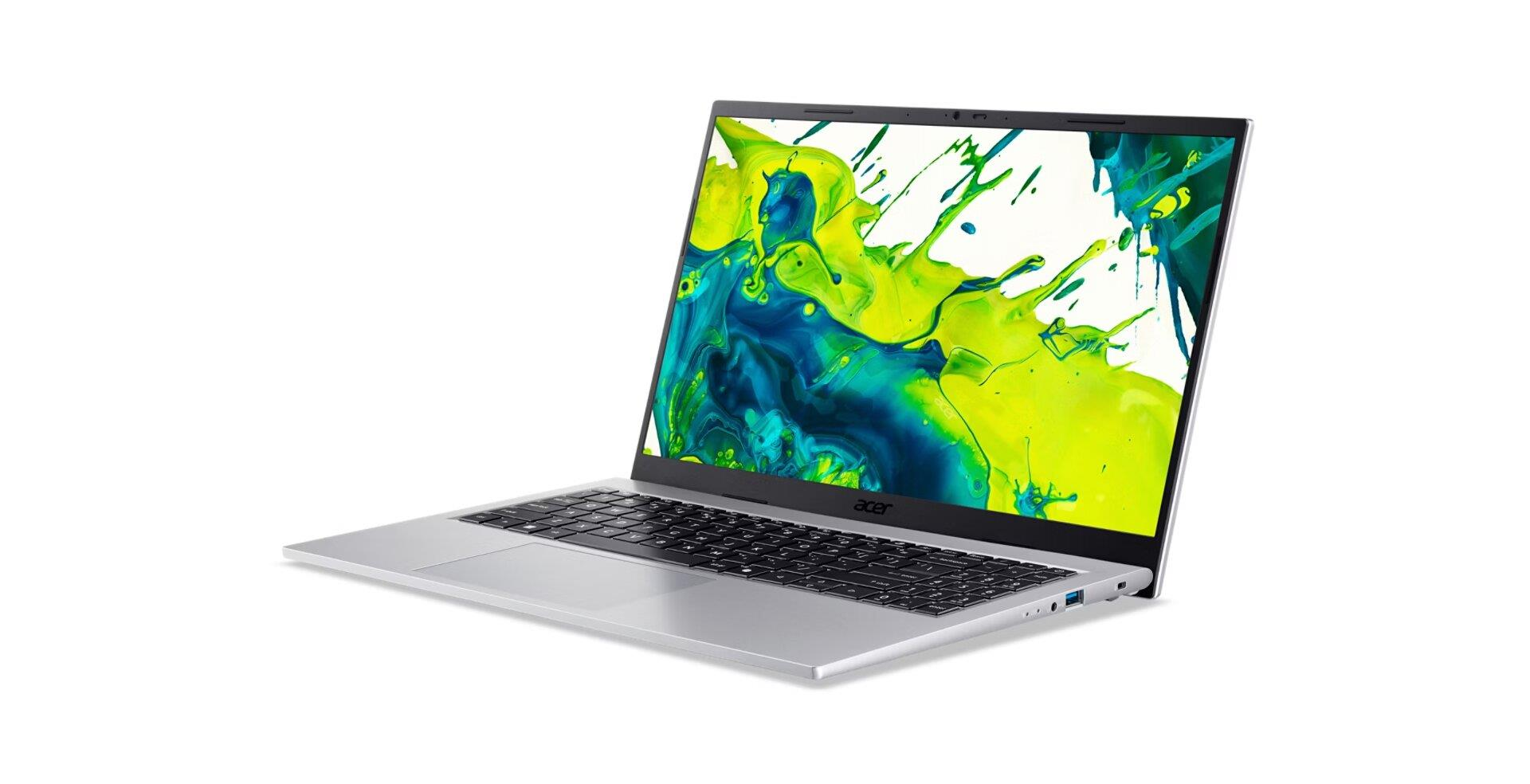 Ekranında renkli soyut duvar kağıdı bulunan gümüş renkli Acer dizüstü bilgisayar.