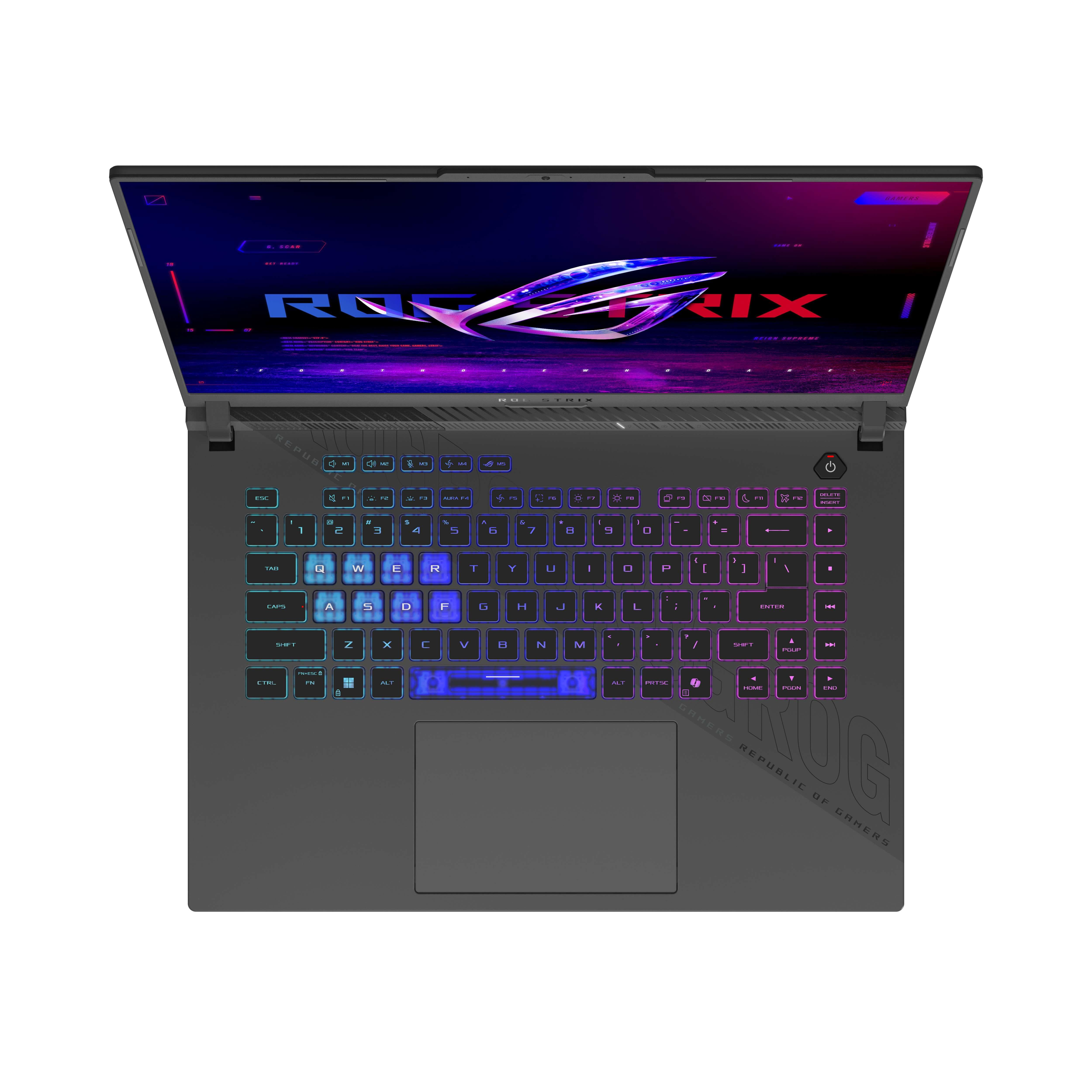 Ekranında logo bulunan, RGB aydınlatmalı klavyeli açık bir dizüstü bilgisayar.