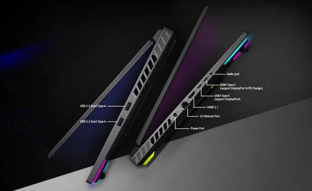 İki dizüstü bilgisayar gösteriliyor, biri USB-A bağlantı noktalarına sahip, diğeri USB-C, HDMI, Ethernet ve ses jakına sahip.