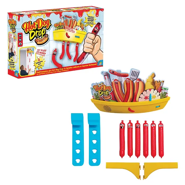 Gra Hot Dog Drop: pudełko, plansza z parówkami, pisaki i uchwyty.