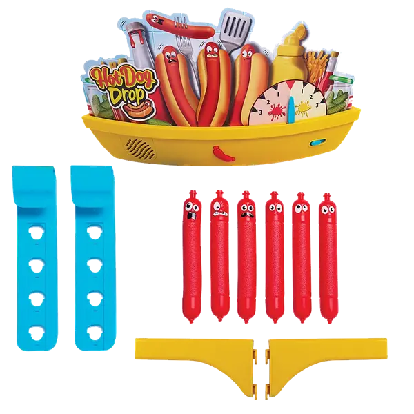 Gra Hot Dog Drop z elementami hot dogów, niebieskimi wyrzutniami i żółtą platformą.