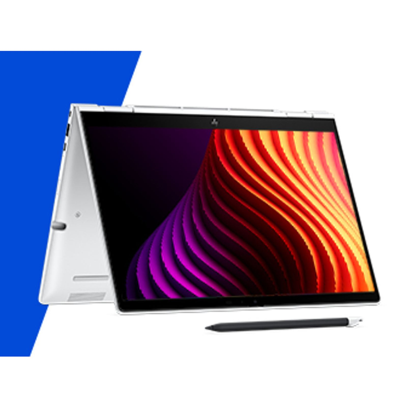Un laptop argentato con stilo e sfondo colorato dello schermo.