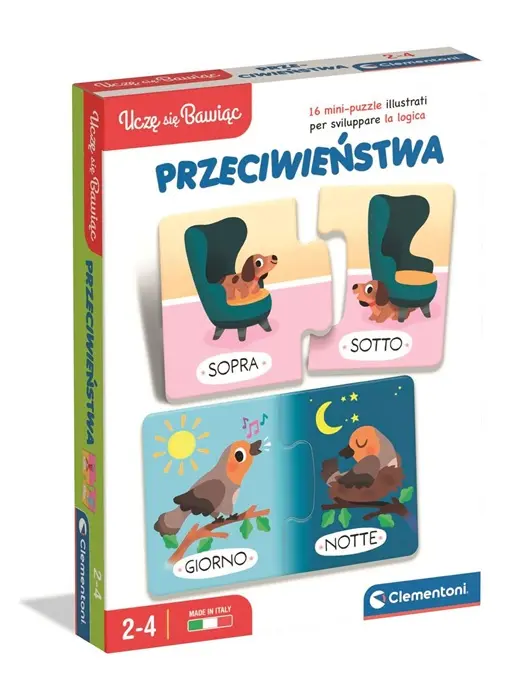 Opakowanie puzzli Clementoni z psem i ptakami przedstawiającymi dzień i noc.