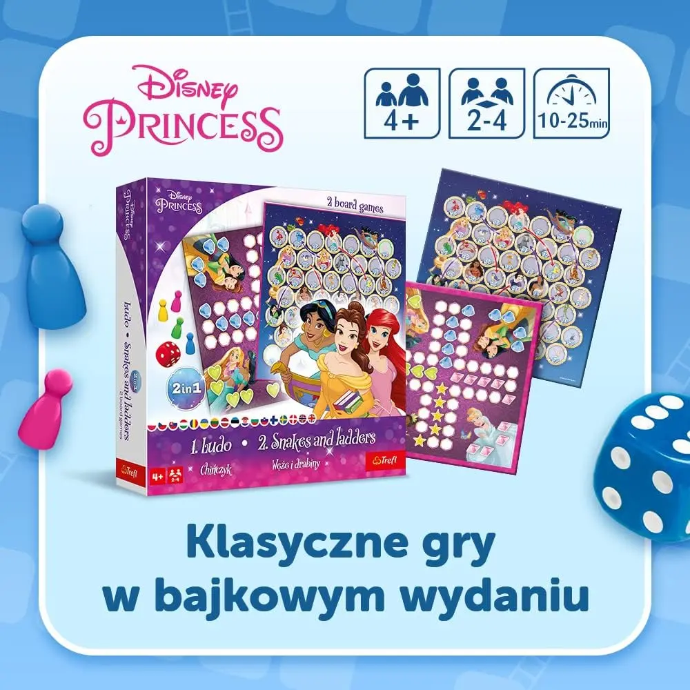 Gry planszowe Disney Princess: Ludo i Węże i drabiny. Dla 2-4 graczy.