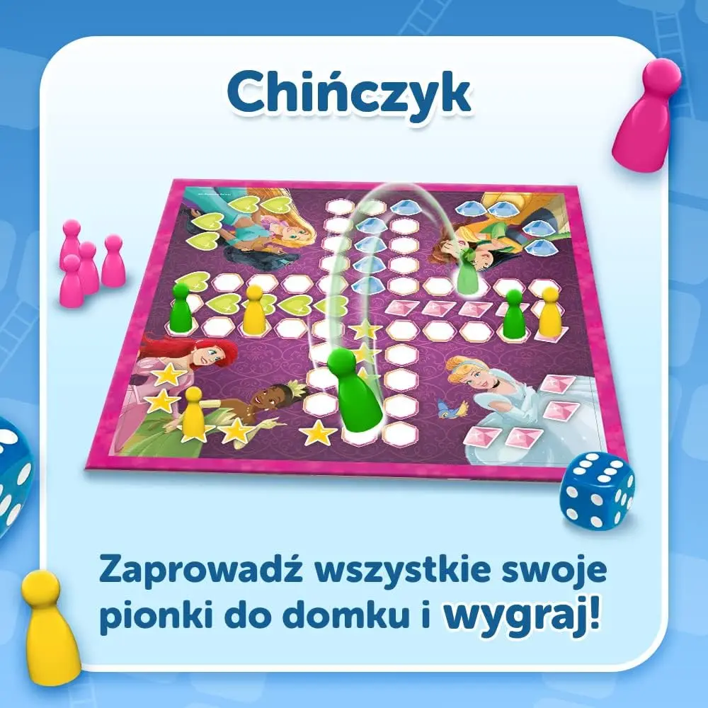 Gra planszowa z księżniczkami Disneya, pionkami i kostkami.