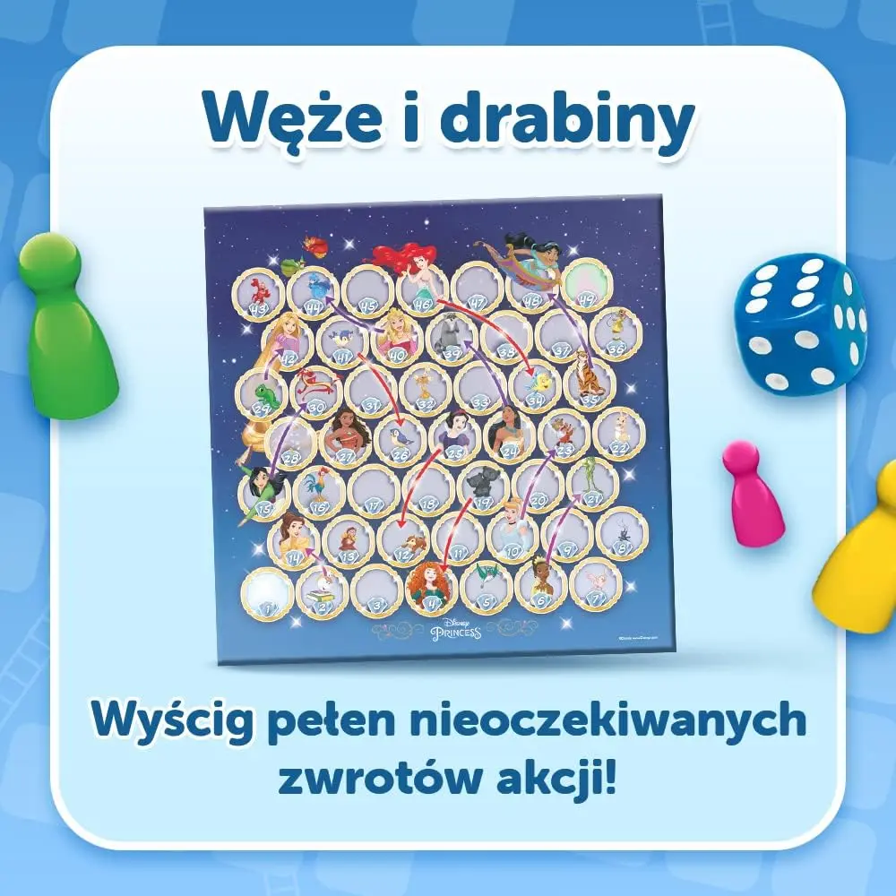Gra planszowa z księżniczkami Disneya, pionkami i kostką.