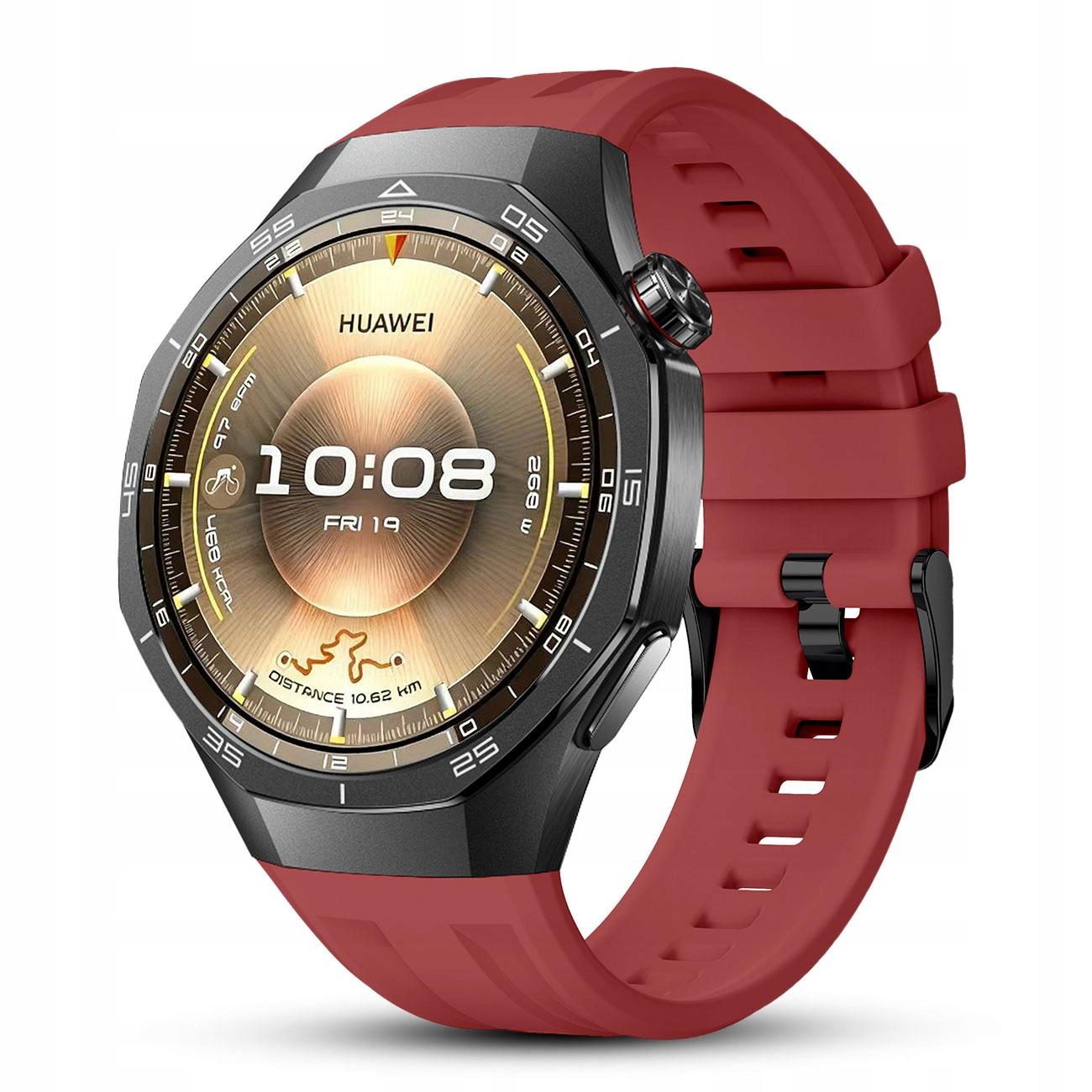 Czerwony smartwatch Huawei z czarną ramką i złotą tarczą pokazuje 10:08.
