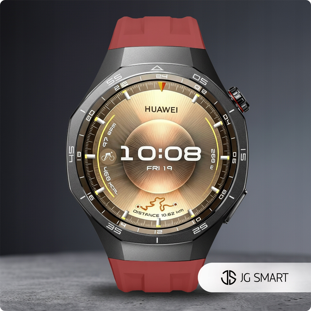 Szara smartwatch Huawei z czerwonym paskiem, pokazuje 10:08, datę, dystans.