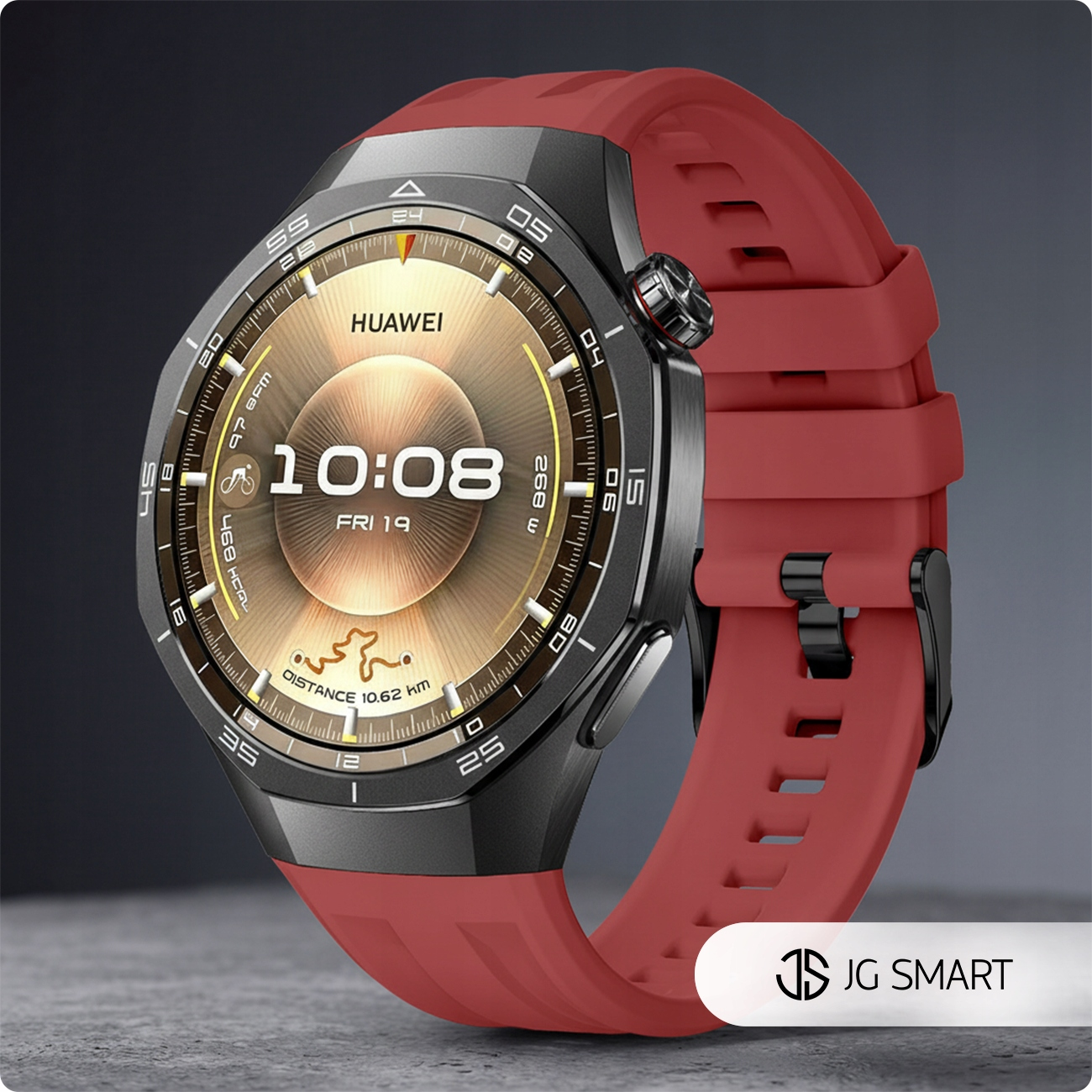 Czerwony smartwatch Huawei ze złotą tarczą wyświetla 10:08, pt 19 i dystans 10,62 km.