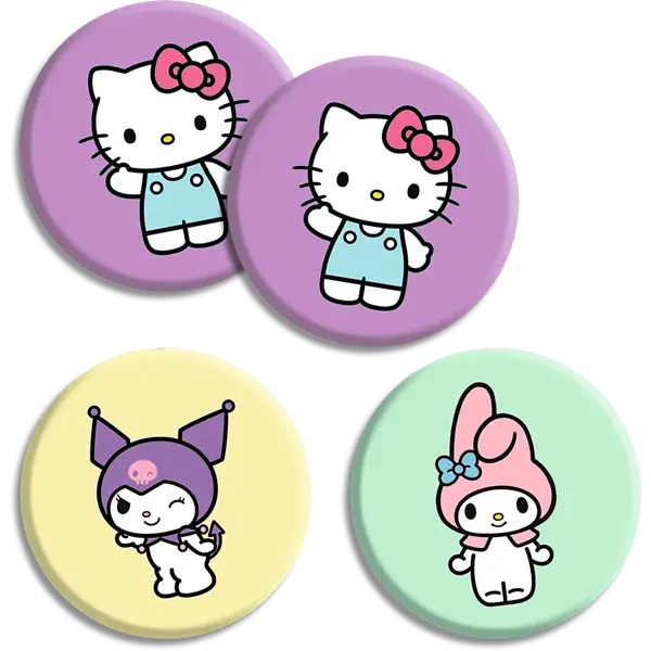 Cztery kolorowe przypinki z postaciami z kreskówek: Hello Kitty, Kuromi i My Melody.