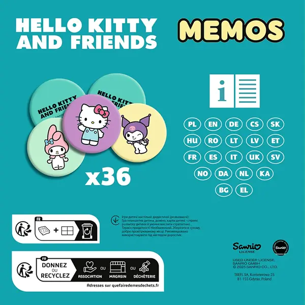Gra Memo Hello Kitty i Przyjaciele, 36 kart z postaciami.