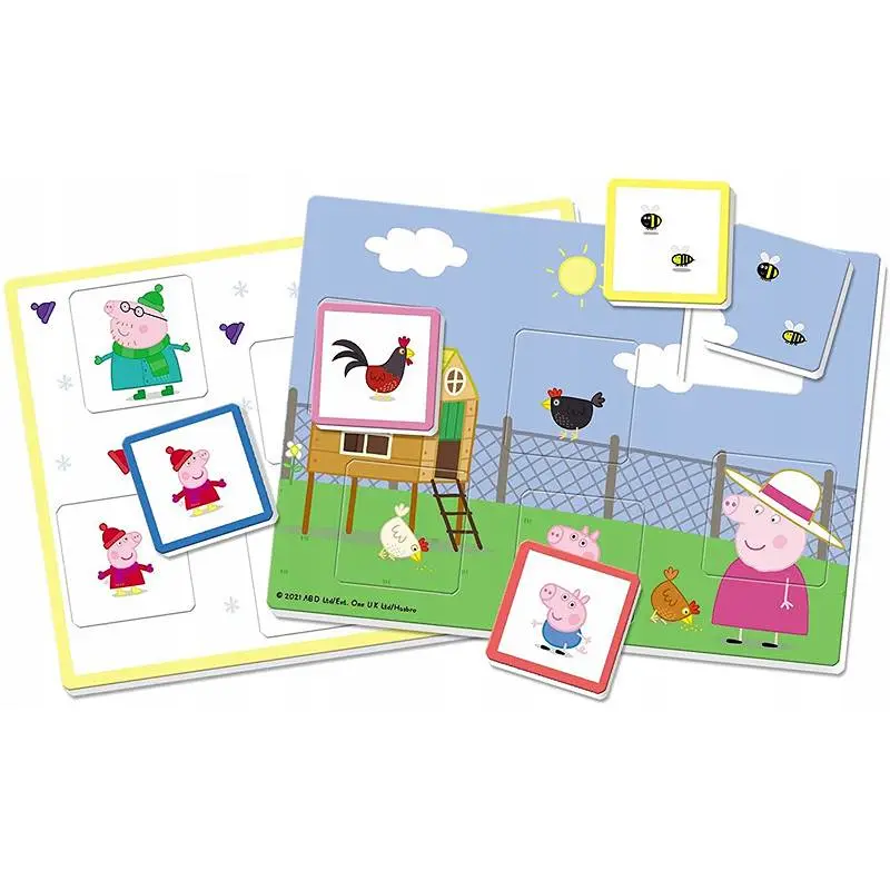 Puzzle Peppa Pig farma z postaciami, kurczakami, świniami i pszczołami.