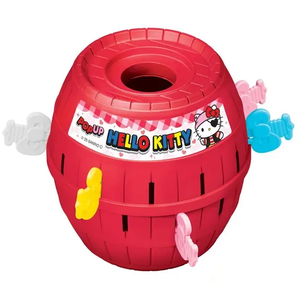 Czerwona zabawka beczka Hello Kitty z kolorowymi kołkami i kratowaną flagą.
