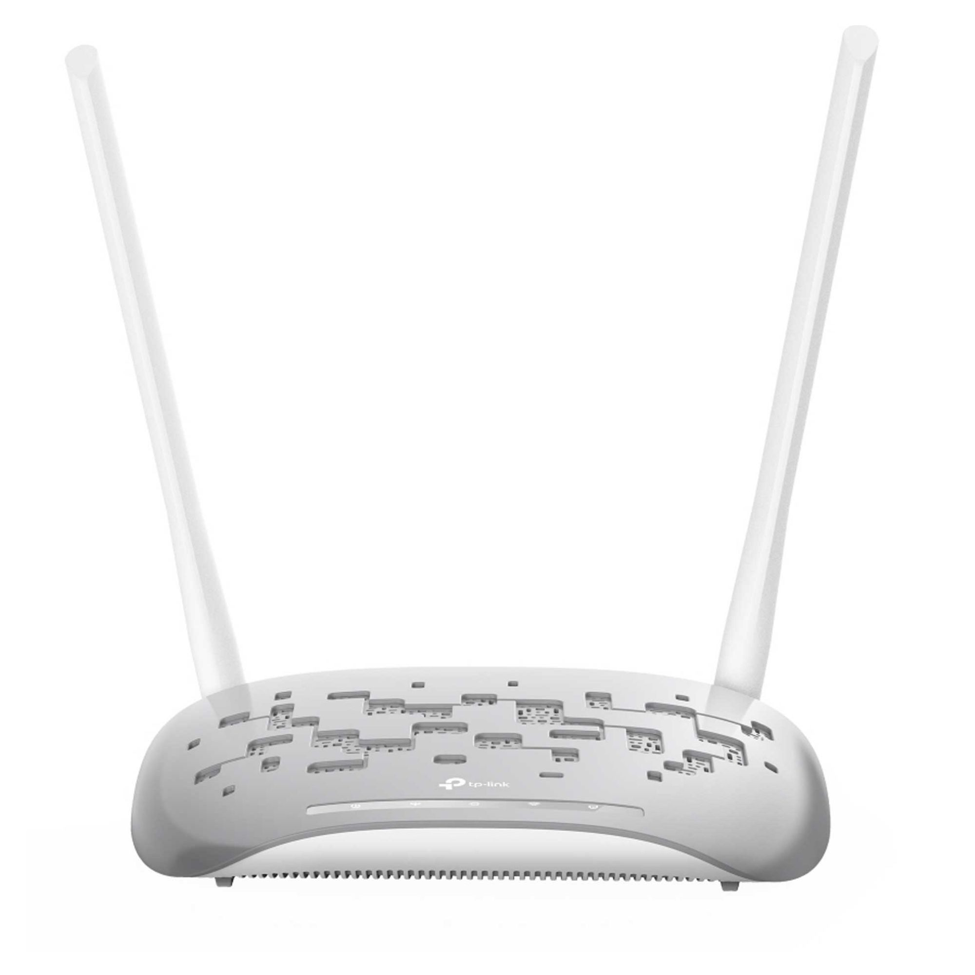 İki antenli beyaz bir TP-Link kablosuz yönlendirici beyaz bir yüzeyde duruyor.