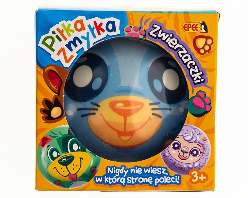 Opakowanie zabawki z niebieską foczką i innymi zwierzętami.