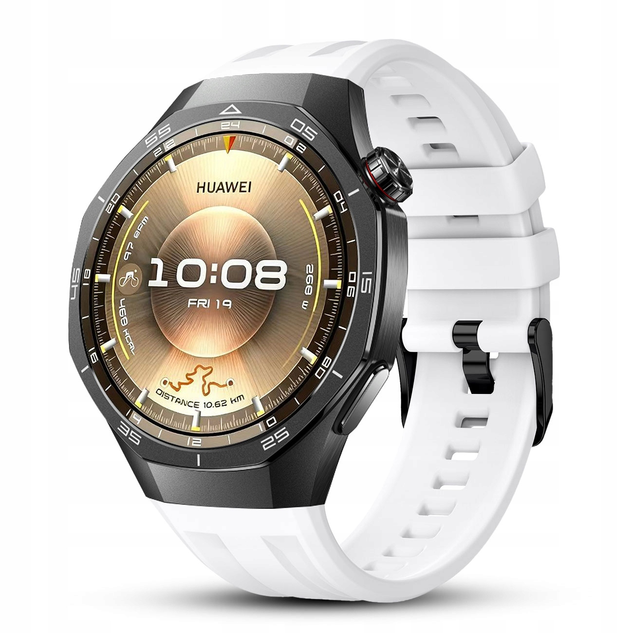 Biały smartwatch Huawei z czarną kopertą i złotą tarczą.