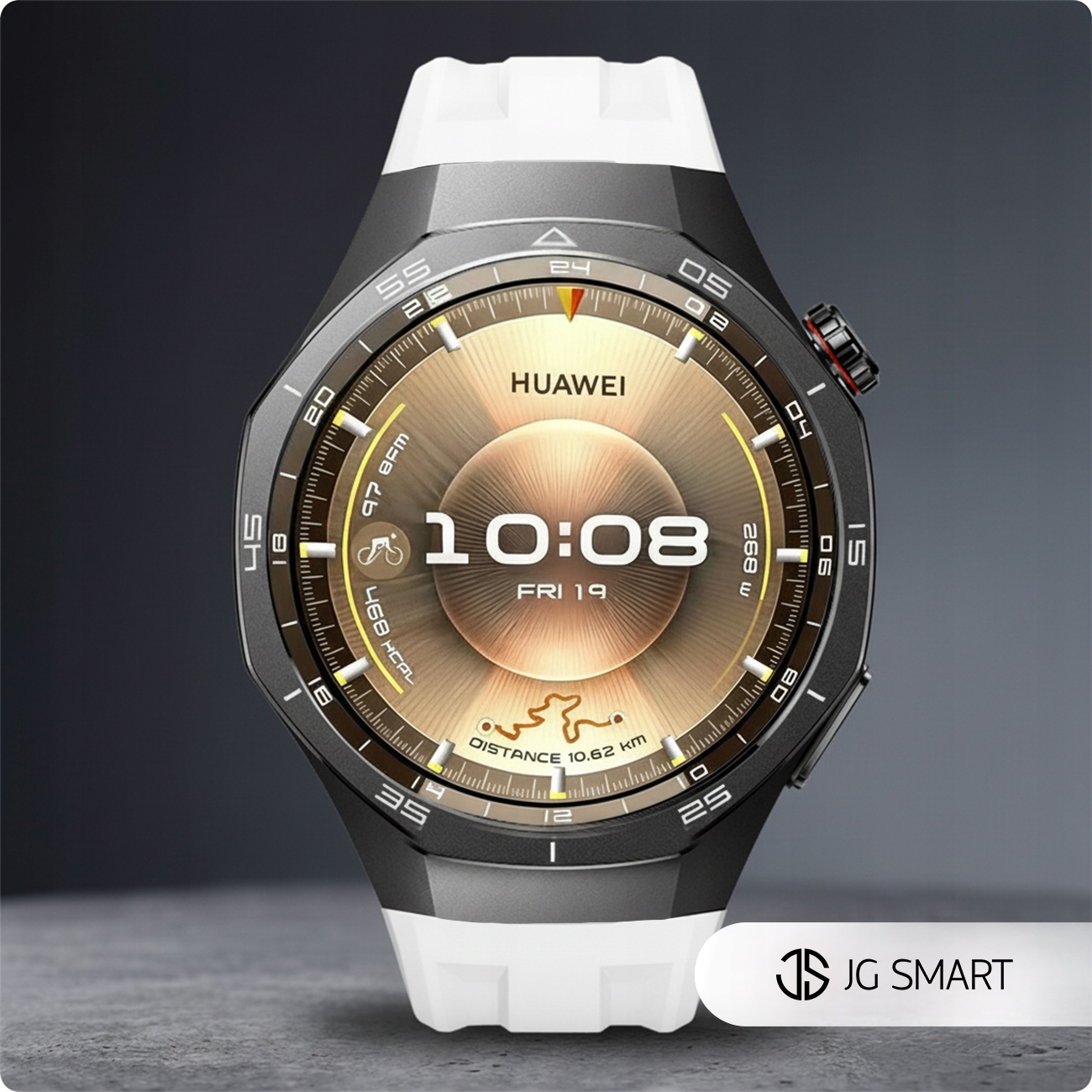 Szary smartwatch z białym paskiem, wyświetla 10:08 i dystans 10,62 km.