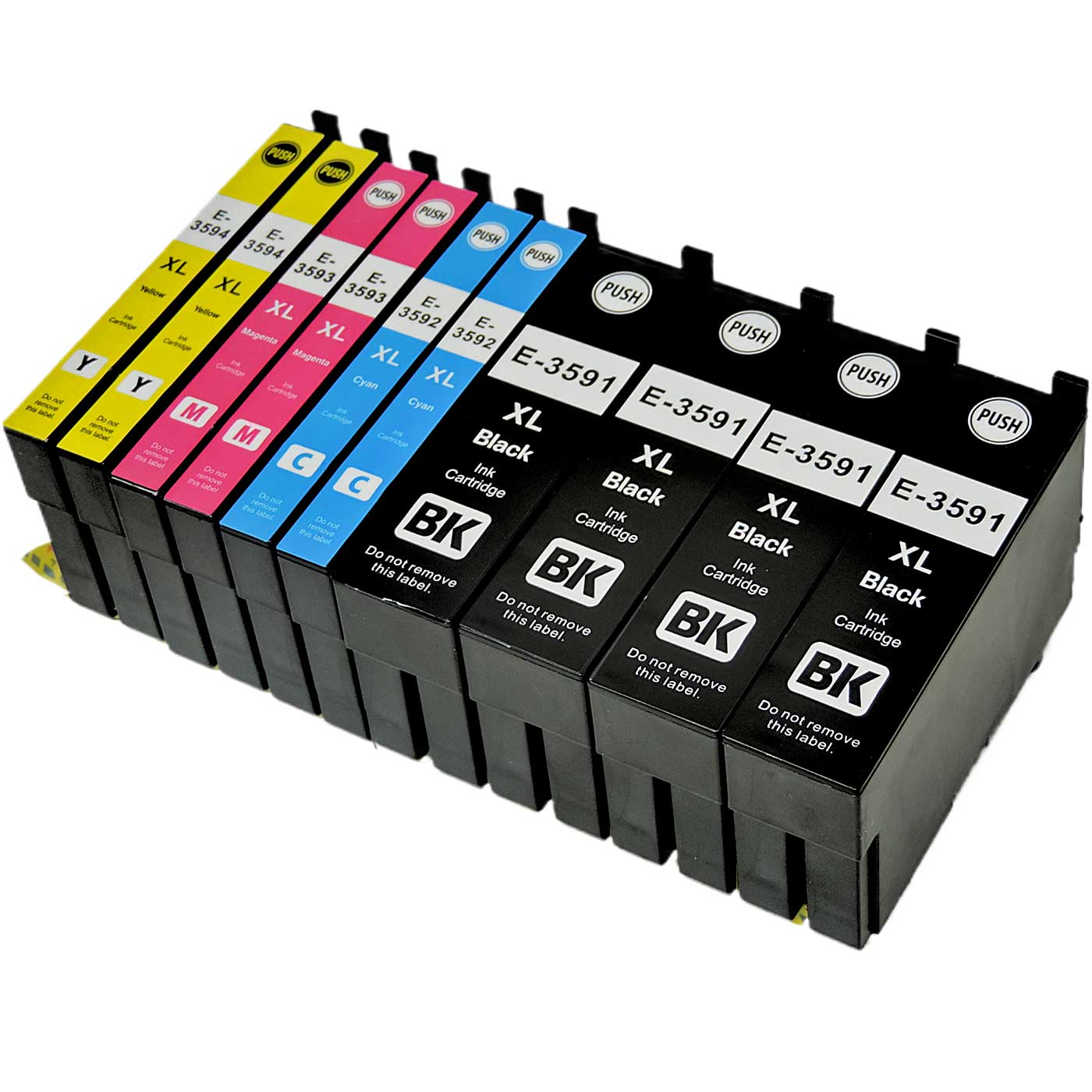 Reihe von Tintenpatronen in Gelb, Magenta, Cyan und Schwarz, mit XL-Kennzeichnung.