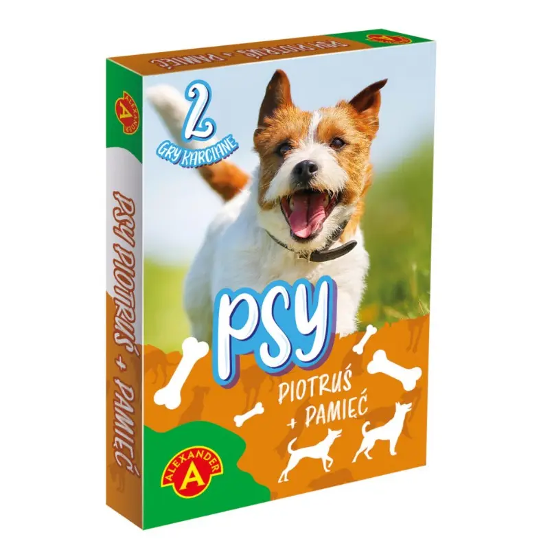 Pudełko gry karcianej z psem i ilustracjami kości.