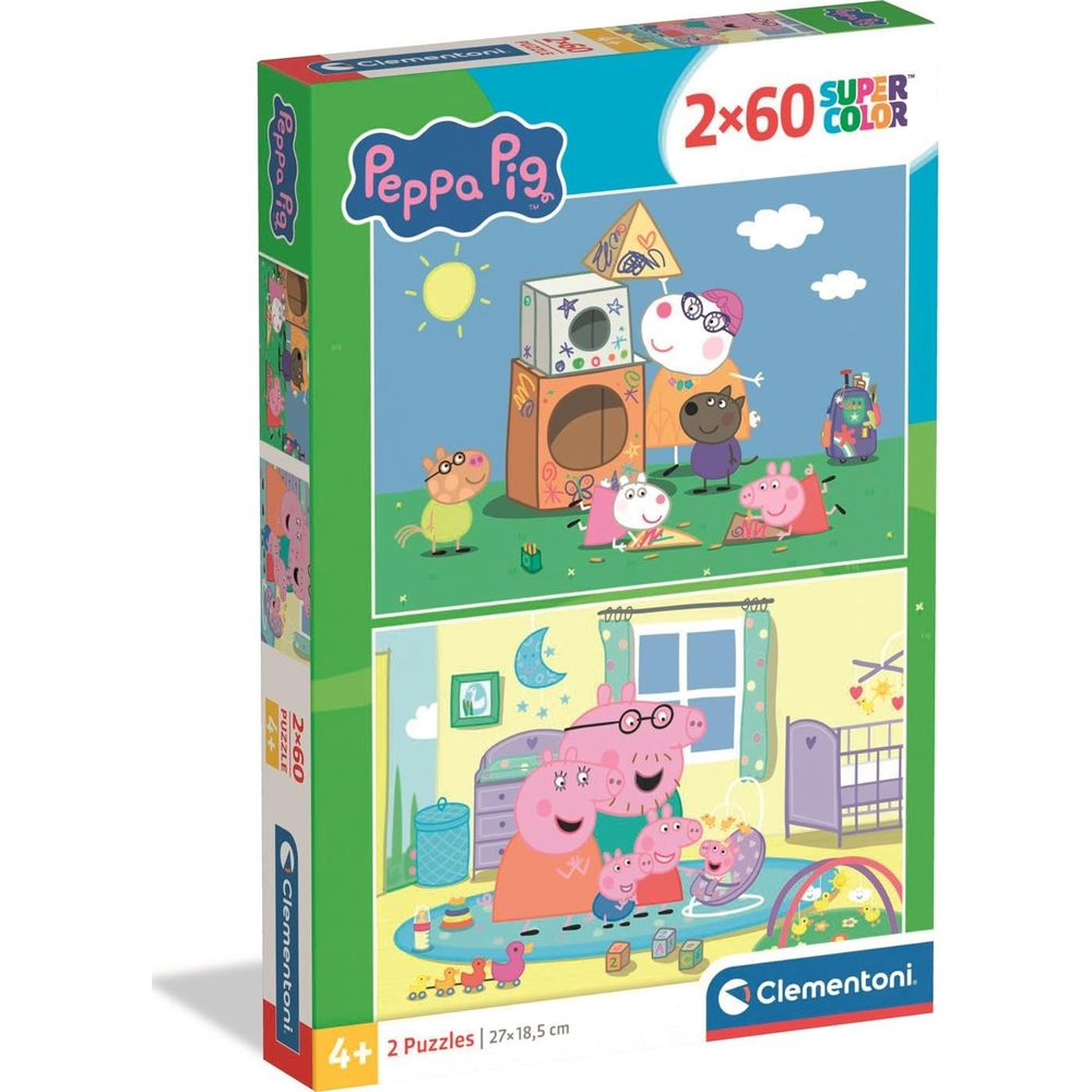 Pudełko puzzli Peppa Pig ze scenami na zewnątrz i wewnątrz.