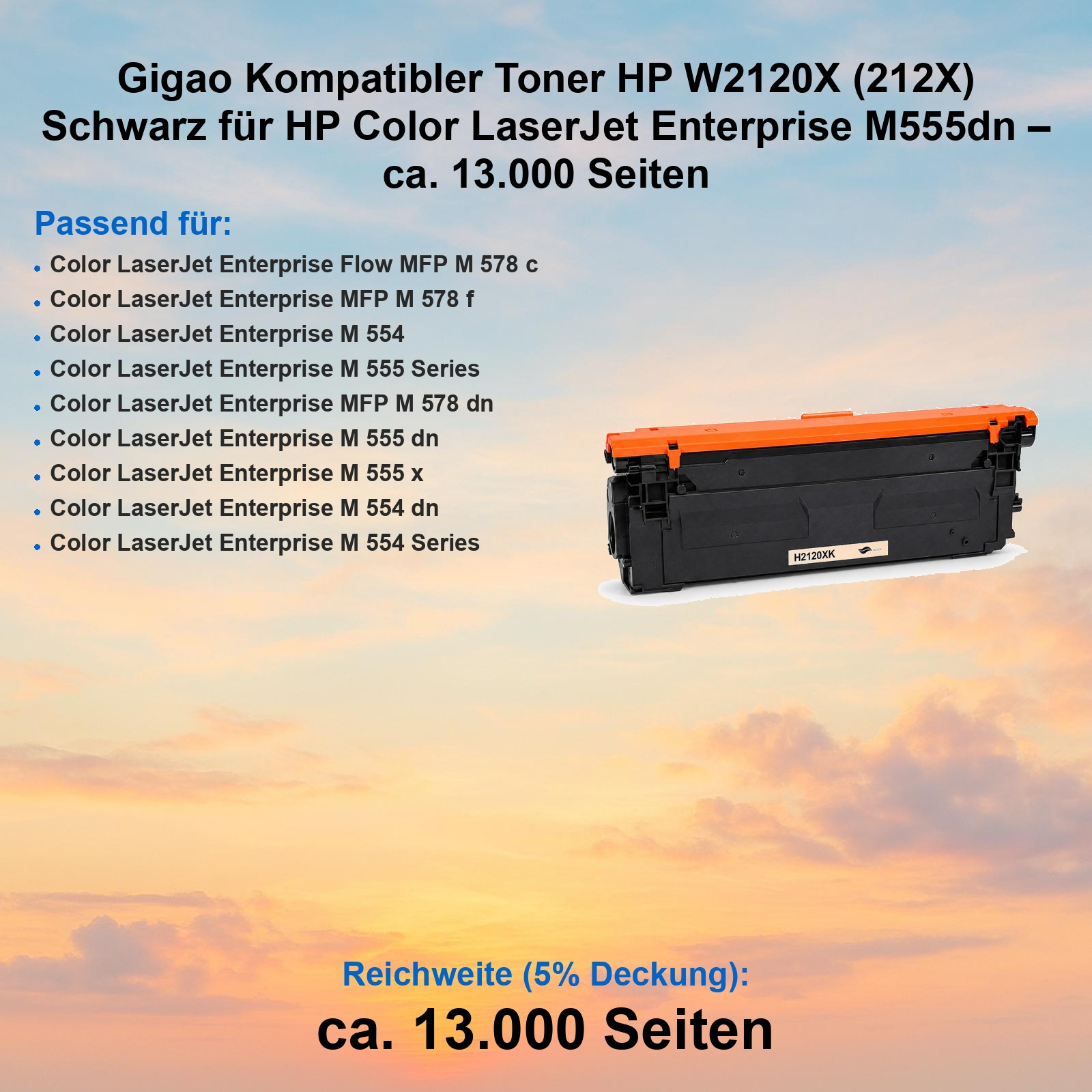 Schwarzer HP W2120X Toner, kompatibel mit LaserJet Enterprise M555dn, Reichweite 13.000 Seiten.
