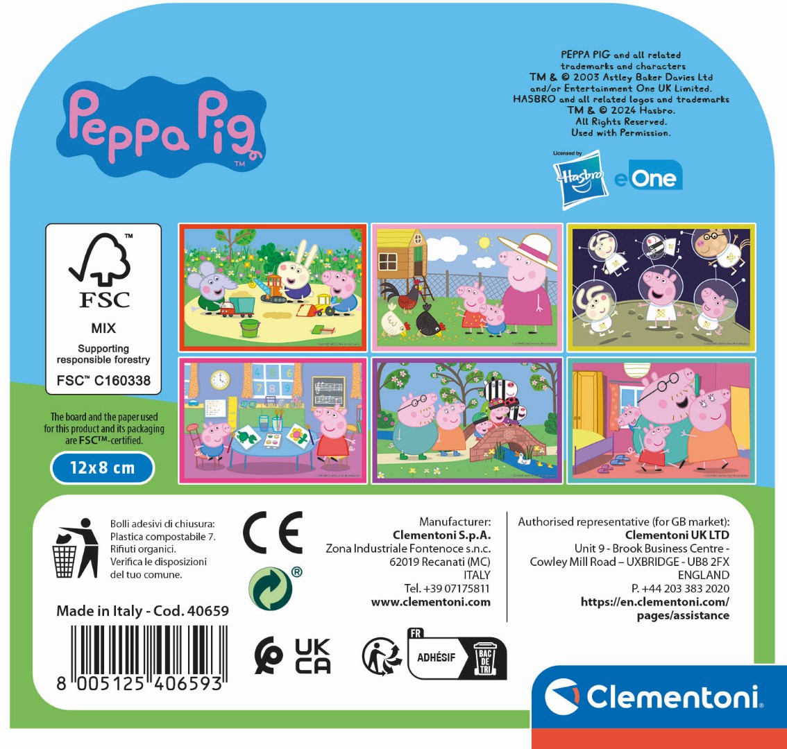 Peppa Pig-Verpackung mit 6 Szenen, FSC-Logo, Herstellerinformationen und Barcode.