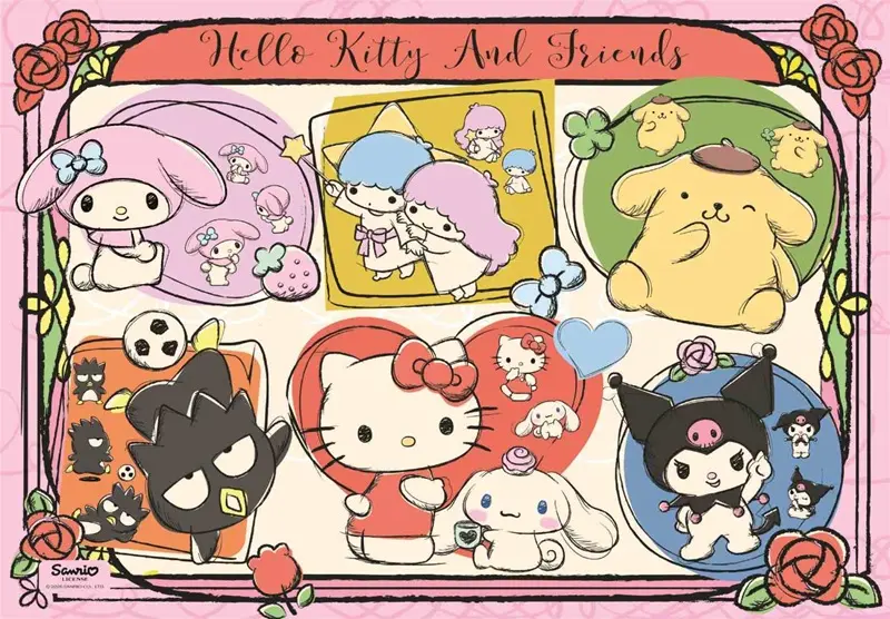 Ilustracja Hello Kitty i Przyjaciół z My Melody, Little Twin Stars, Pompompurin, Badtz-Maru, Hello Kitty, Cinnamoroll, Kuromi.