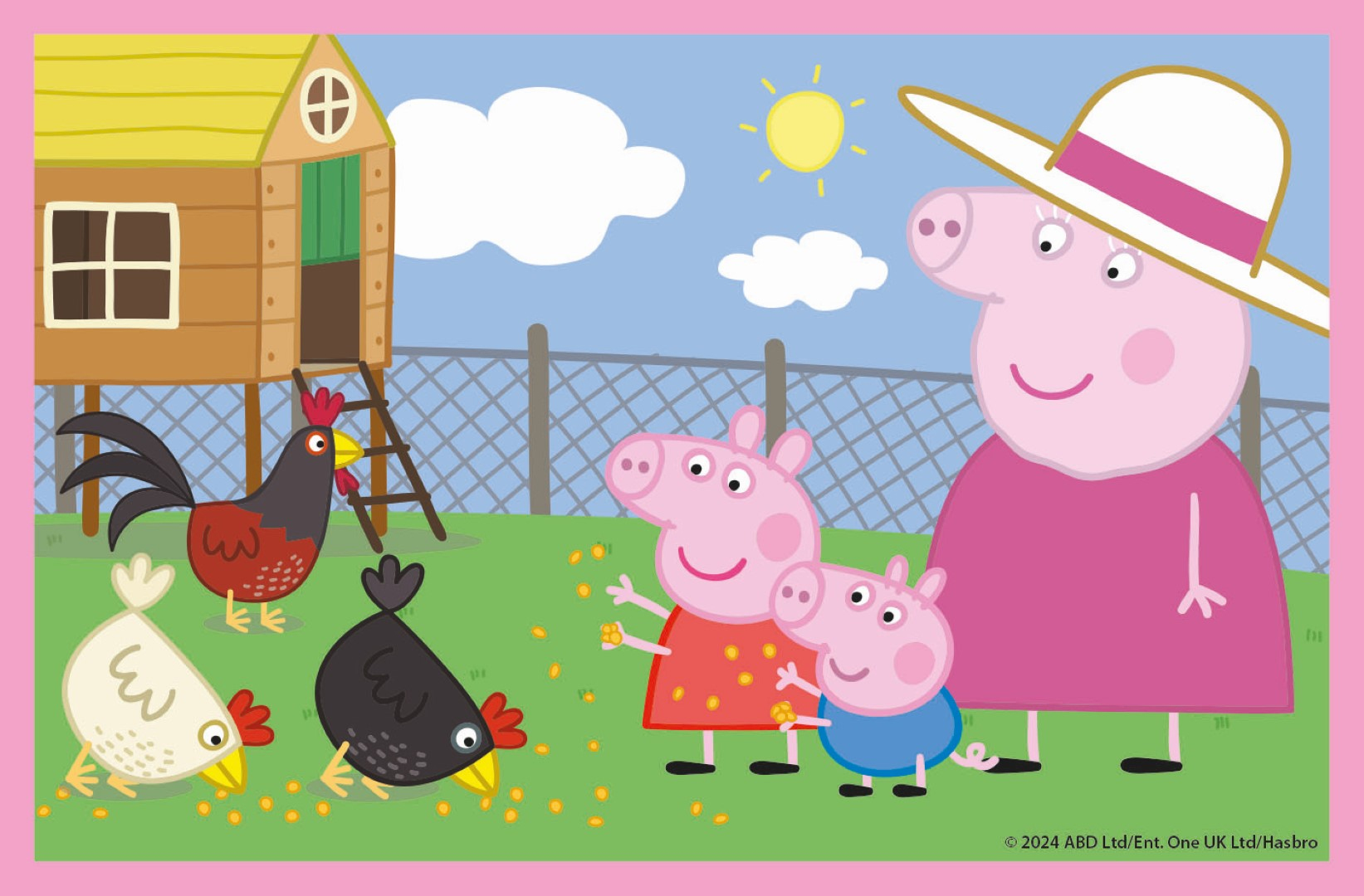 Peppa Wutz und Familie füttern Hühner vor einem Hühnerstall an einem sonnigen Tag.