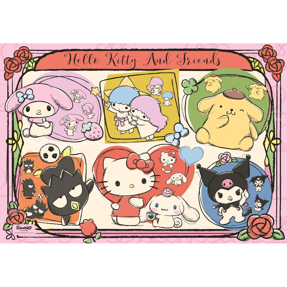 Grafika Hello Kitty i Przyjaciele: My Melody, Little Twin Stars, Pompompurin, Badtz-Maru, Hello Kitty, Cinnamoroll, Kuromi.