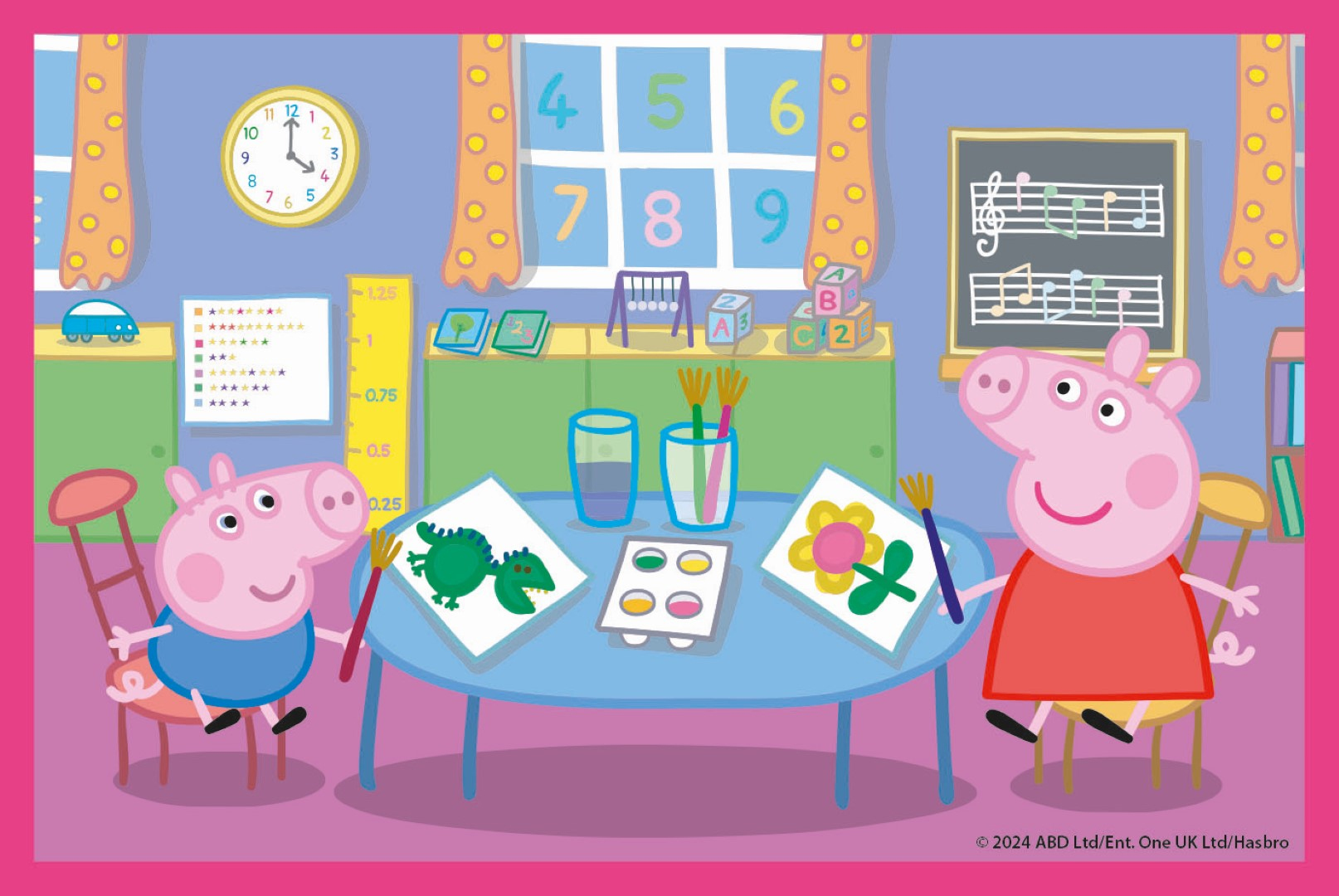 Zwei Schweine malen Dinosaurier und Blumen in einem Klassenzimmer mit Spielzeug.