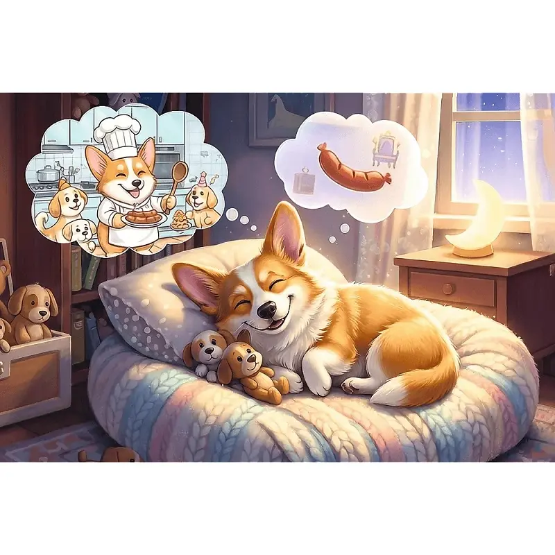 Corgi śpi na poduszce, śniąc o byciu kucharzem i kiełbasie.