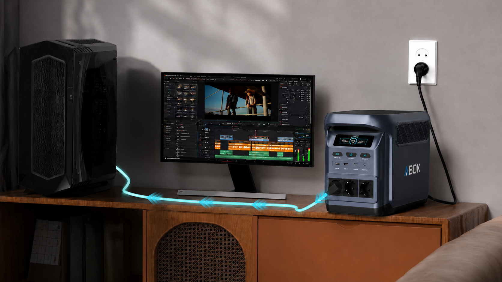 Czarny komputer PC, monitor z oprogramowaniem do edycji wideo i power bank na drewnianej szafce.