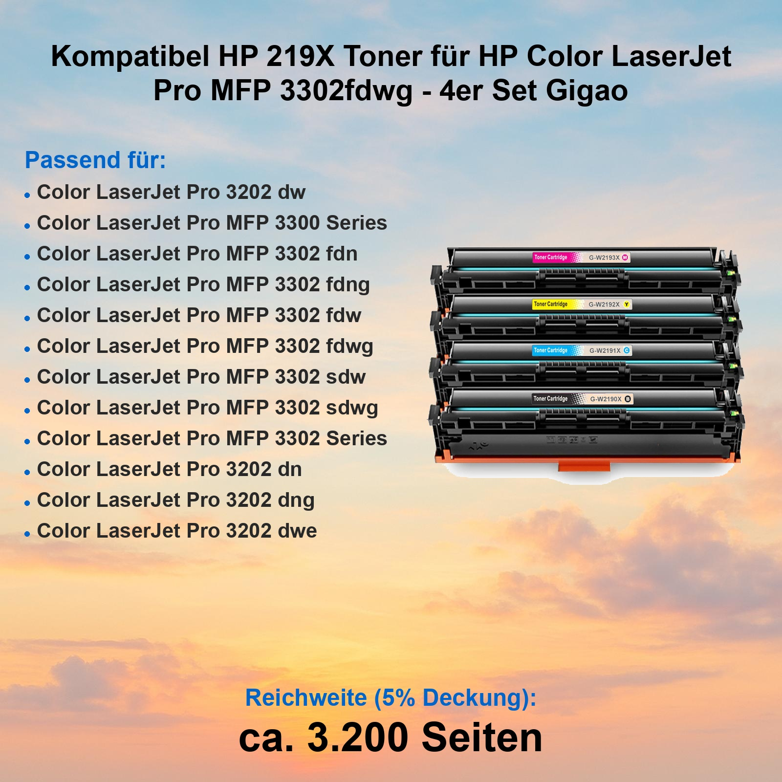 Vier HP Toner-Kartuschen-Set: Magenta, Gelb, Cyan, Schwarz. Kompatibel mit HP LaserJet Pro MFP 3302fdwg.