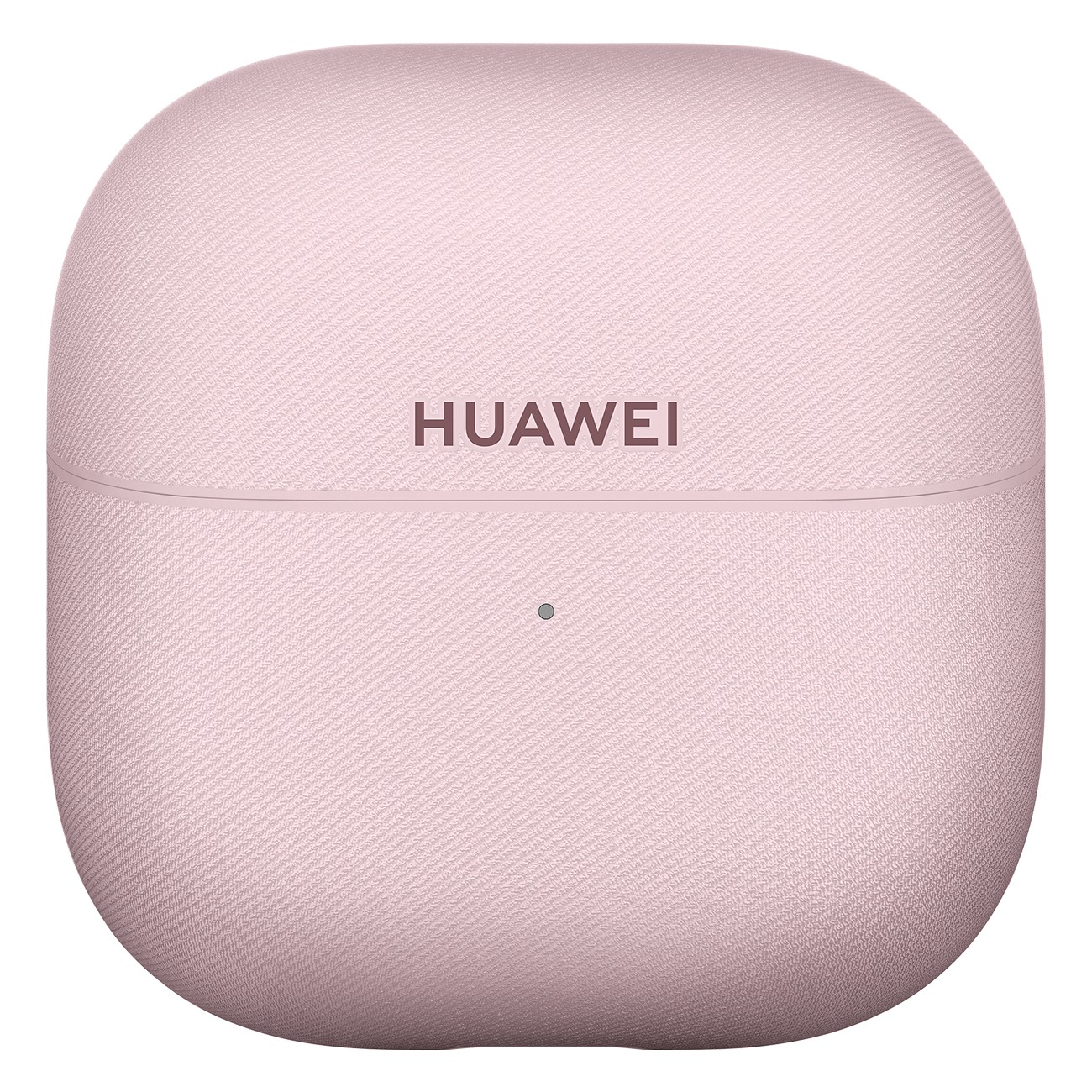 Ein rosafarbener Kopfhörerbehälter mit dem Huawei-Logo.