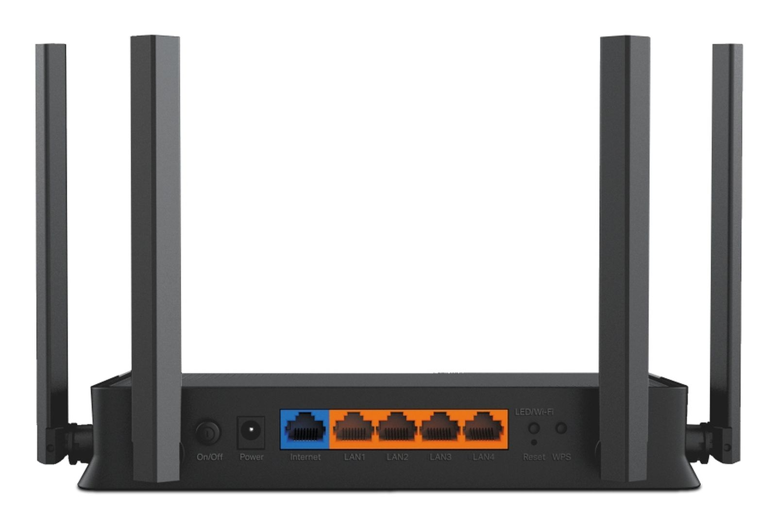 Schwarzer Router mit vier Antennen und Anschlüssen für Strom, Internet und LAN.