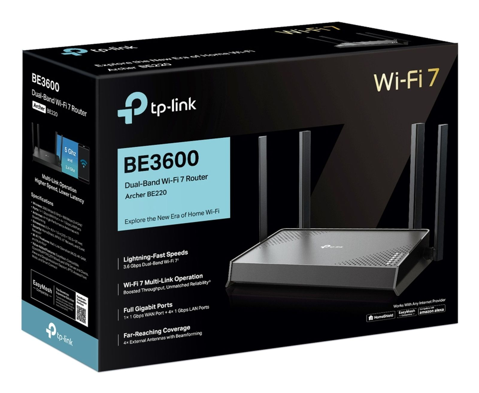 TP-Link Archer BE3600 Dual-Band Wi-Fi 7 Router mit 4 Antennen.