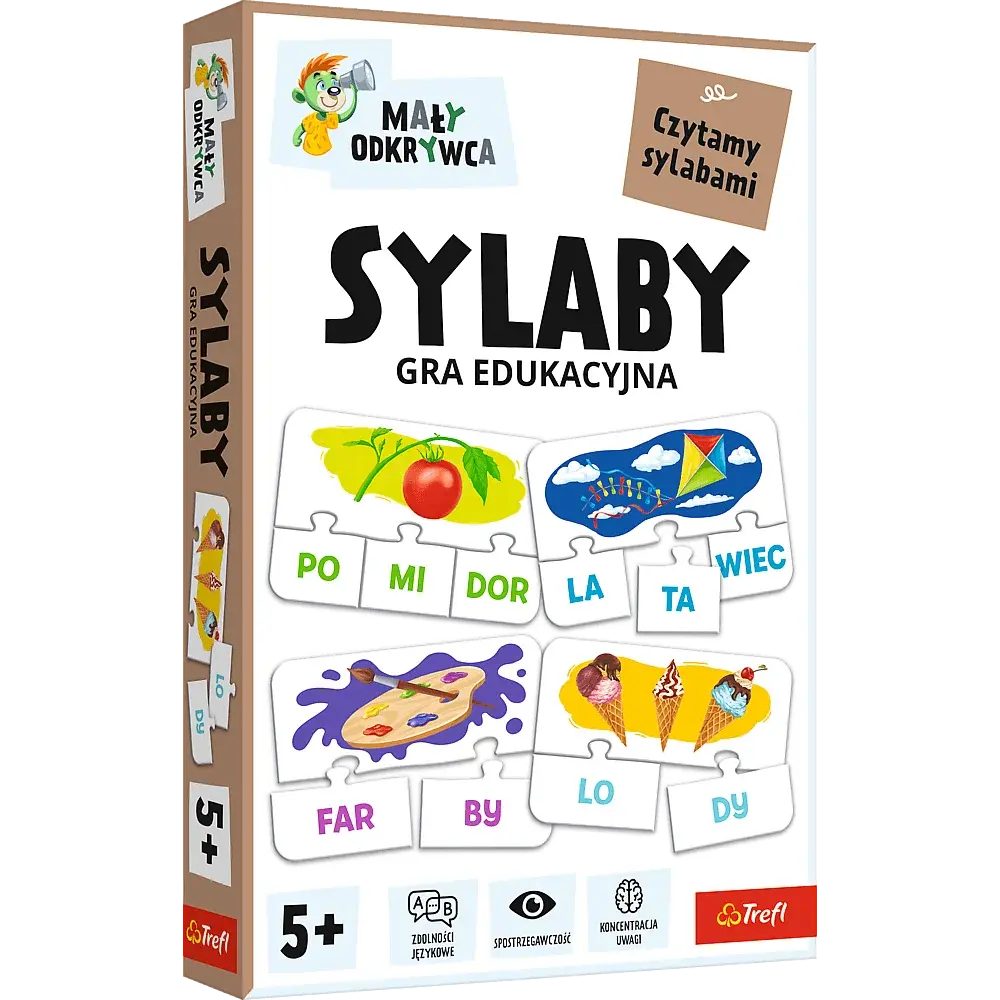 Pudełko gry edukacyjnej z obrazkami pomidora, latawca, palety i lodów.