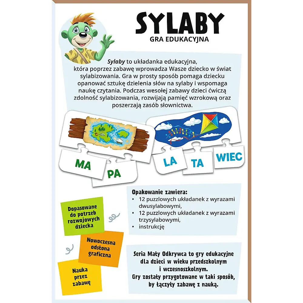 Edukacyjne klocki puzzli pokazujące sylaby i obrazy.