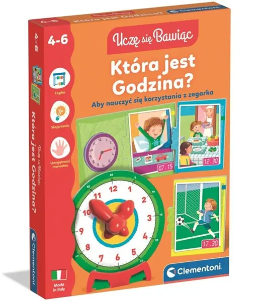 Opakowanie gry edukacyjnej o zegarze dla dzieci w wieku 4-6 lat.