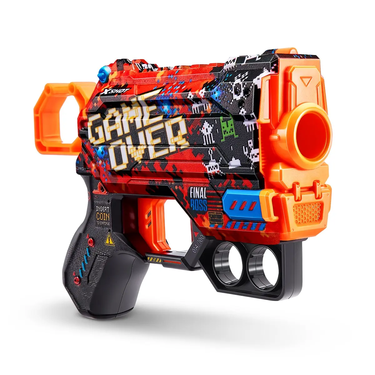 Pistolet zabawkowy z motywem pixel art, czerwony, czarny, pomarańczowy i niebieski.