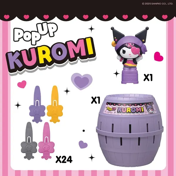 Zestaw figurek Pop Up Kuromi z fioletową beczką i 4 spinkami.