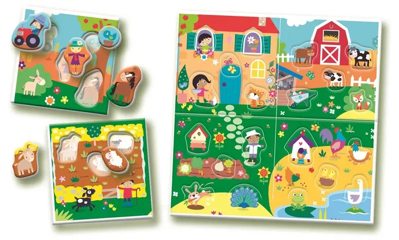Puzzle z farmą, zwierzętami, dziećmi i pojazdami. Kolorowe i szczegółowe.