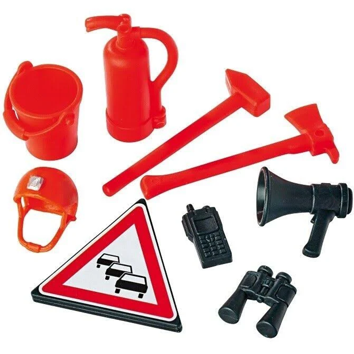 Equipo de bombero rojo: cubo, extintor, casco, hachas, megáfono, radio, binoculares, señal de tráfico.