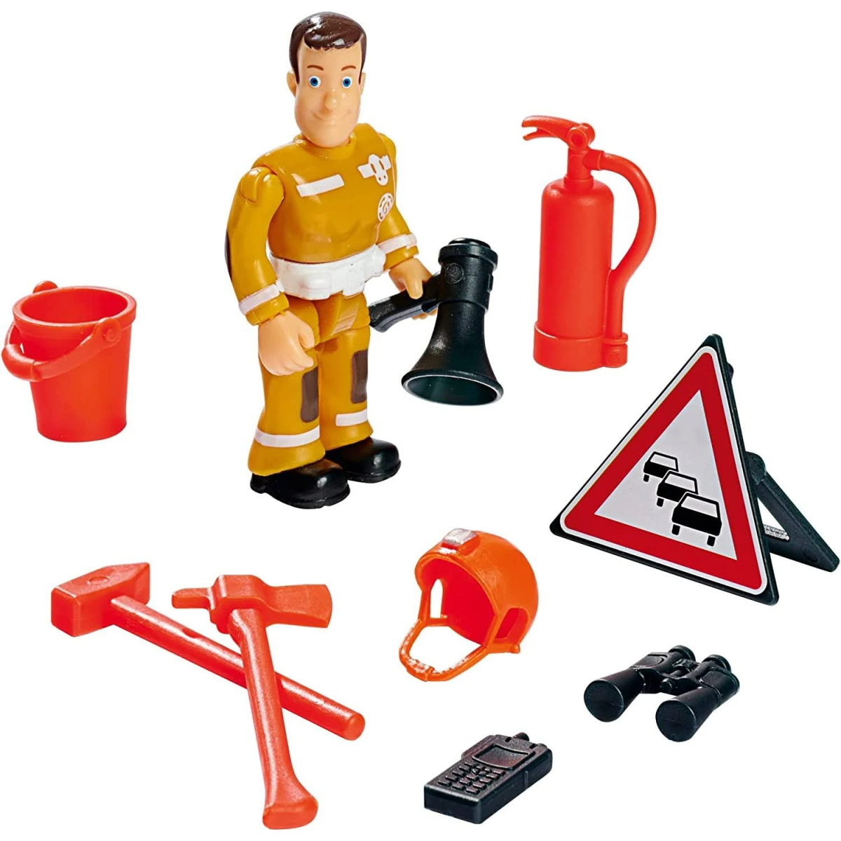 Juego de juguetes de Bombero Sam: figura, cubo, hacha, extintor, señal de advertencia, casco, radio, binoculares.