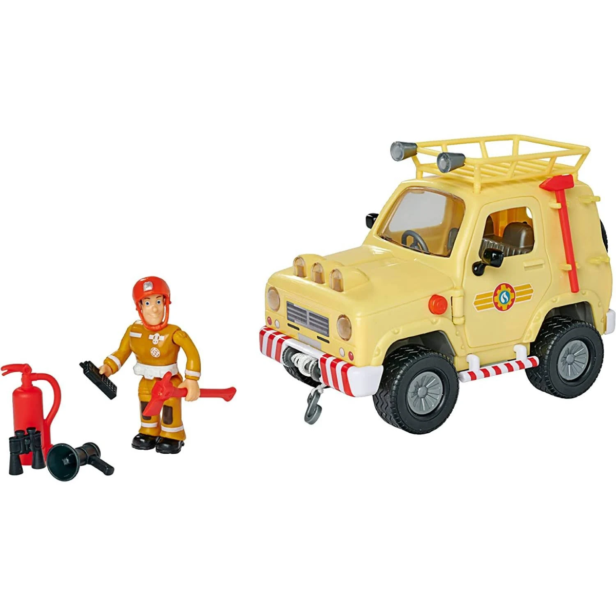 Bombero con camión de bomberos, extintor y hacha sobre fondo blanco.