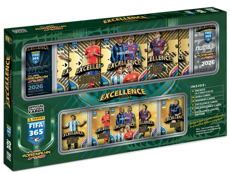 Panini FIFA 365 Adrenalyn 2026 Excellence Box z kartami kolekcjonerskimi i graczami.