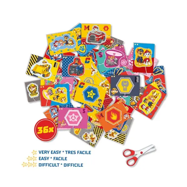 Puzzle Psi Patrol i nożyczki na białym tle.